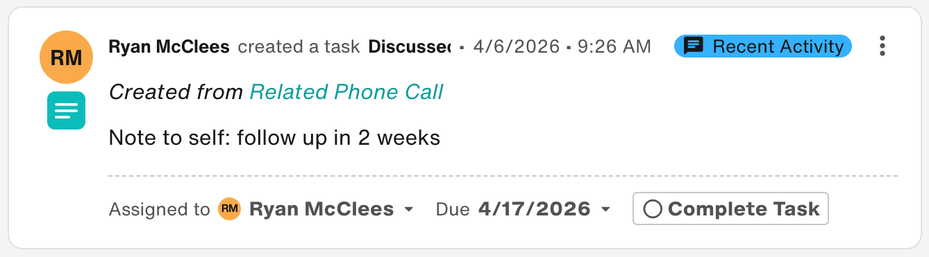 Task created from related phone call