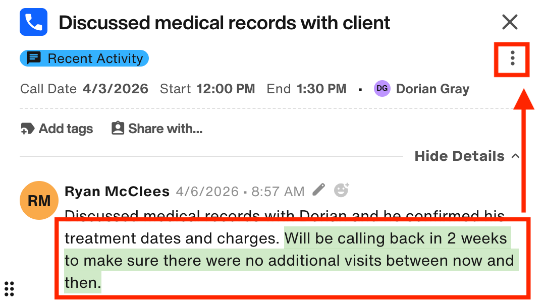 Highlight text from phone call, then click Create Related Task