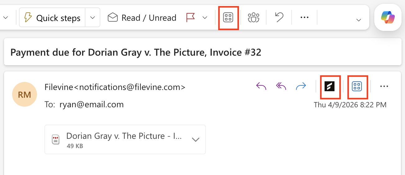 Select the Filevine logo, or select the app launcher icon to find the add-in.