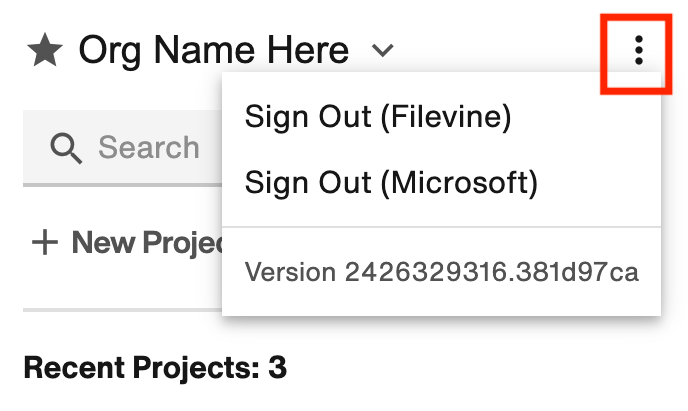 Vertical ellipsis menu: sign out of Filevine or Microsoft in the add-in.