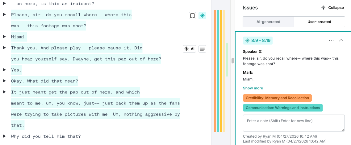 Transcript utterance displaying associated issue