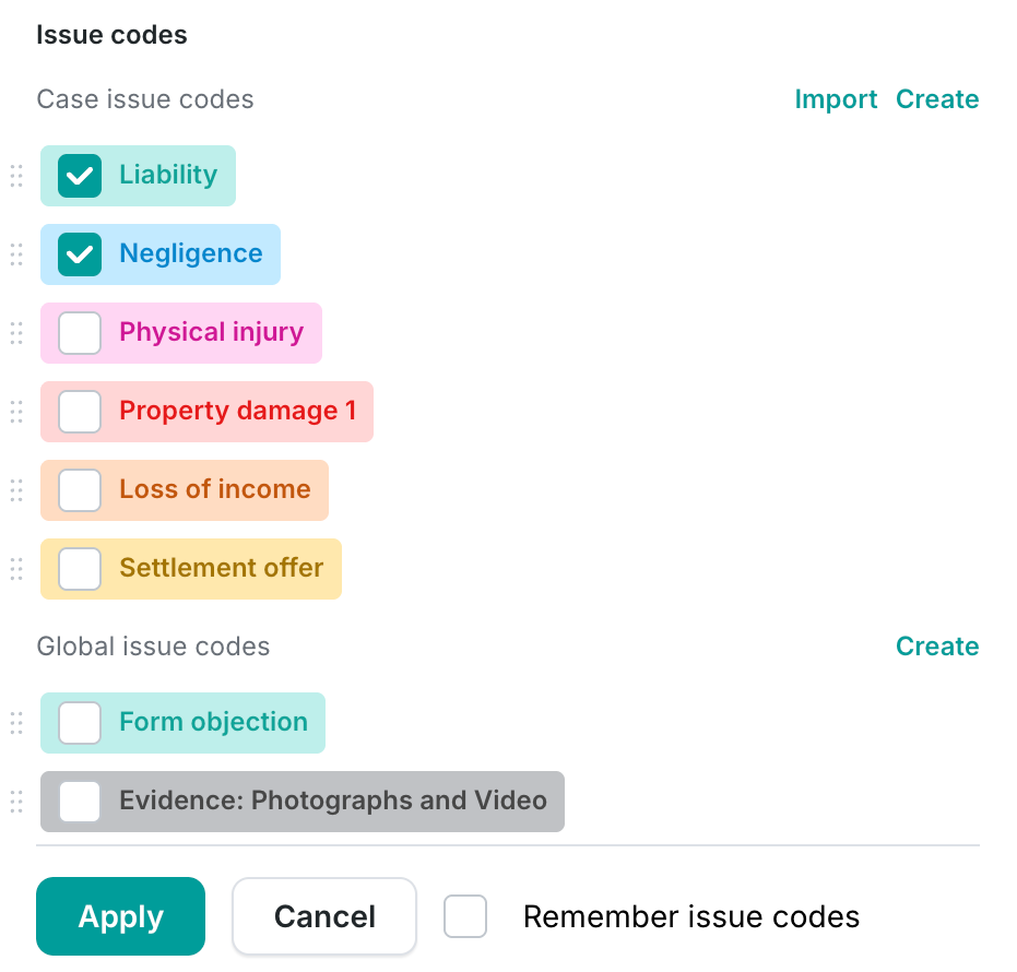 Issue code selection
