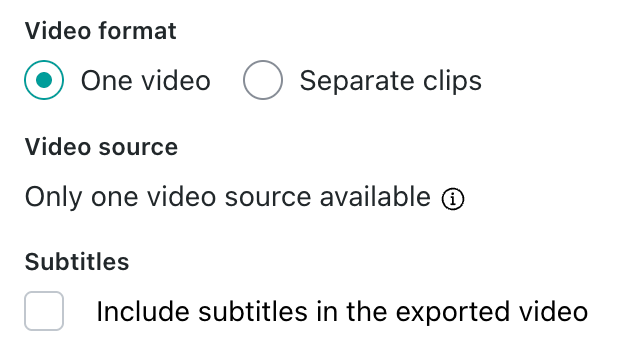 Video format, source, and subtitle selection