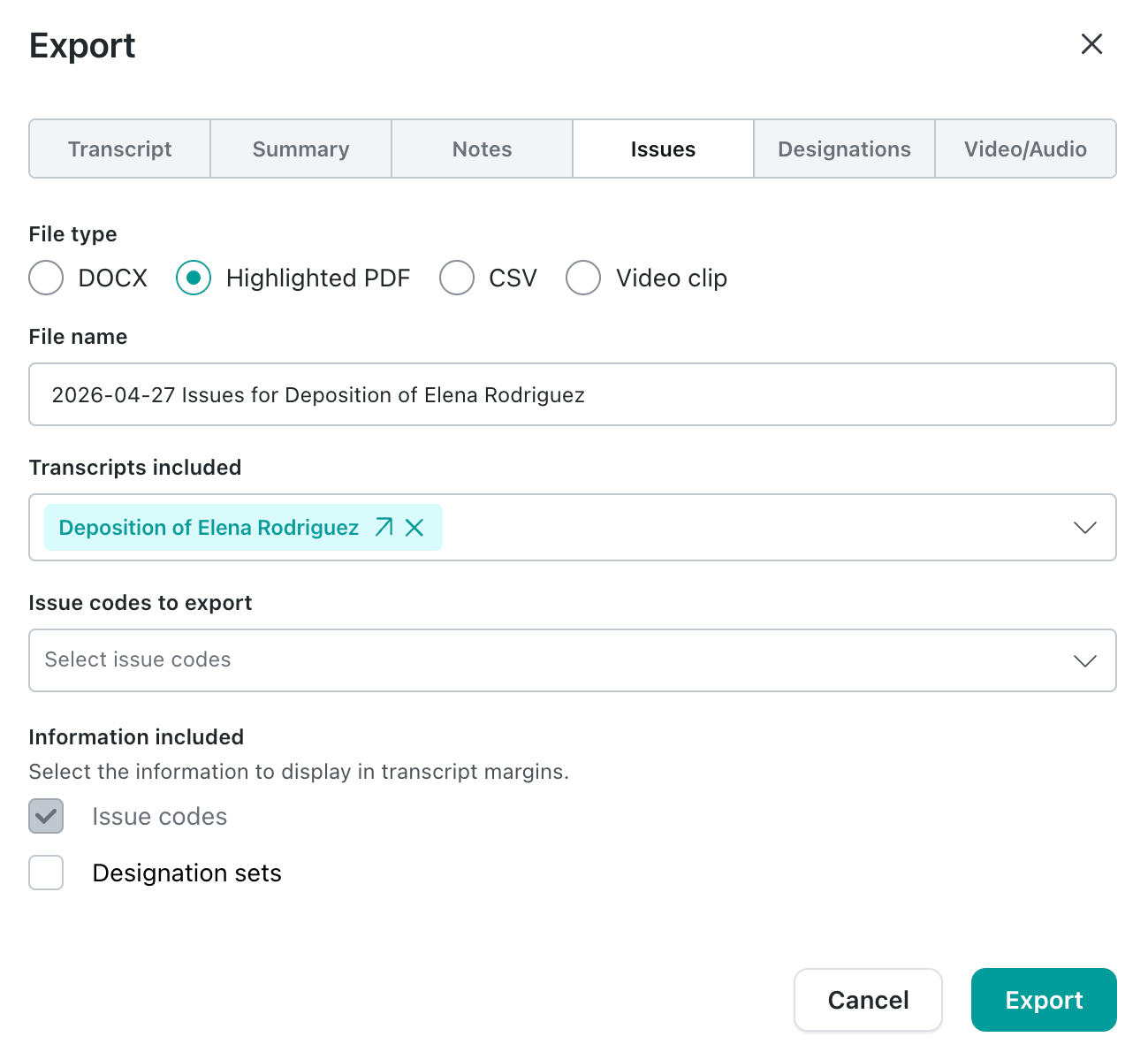Export modal