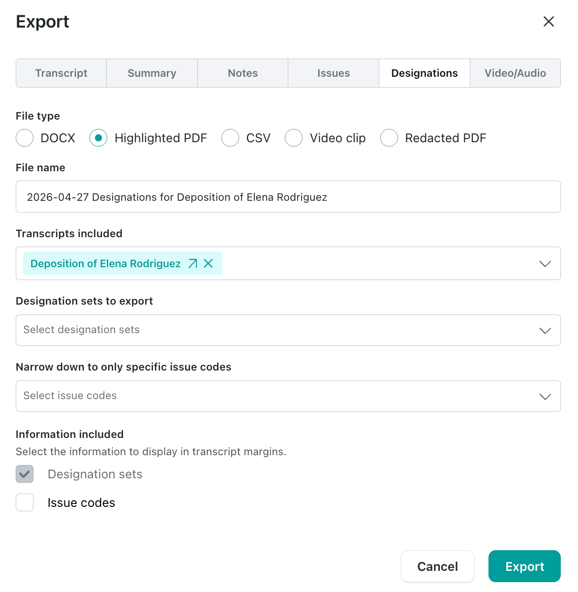 Export modal