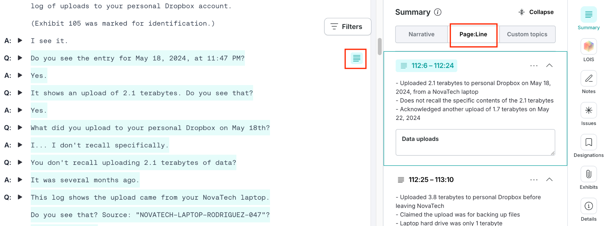 Page:Line summaries display a paragraph icon in the transcript