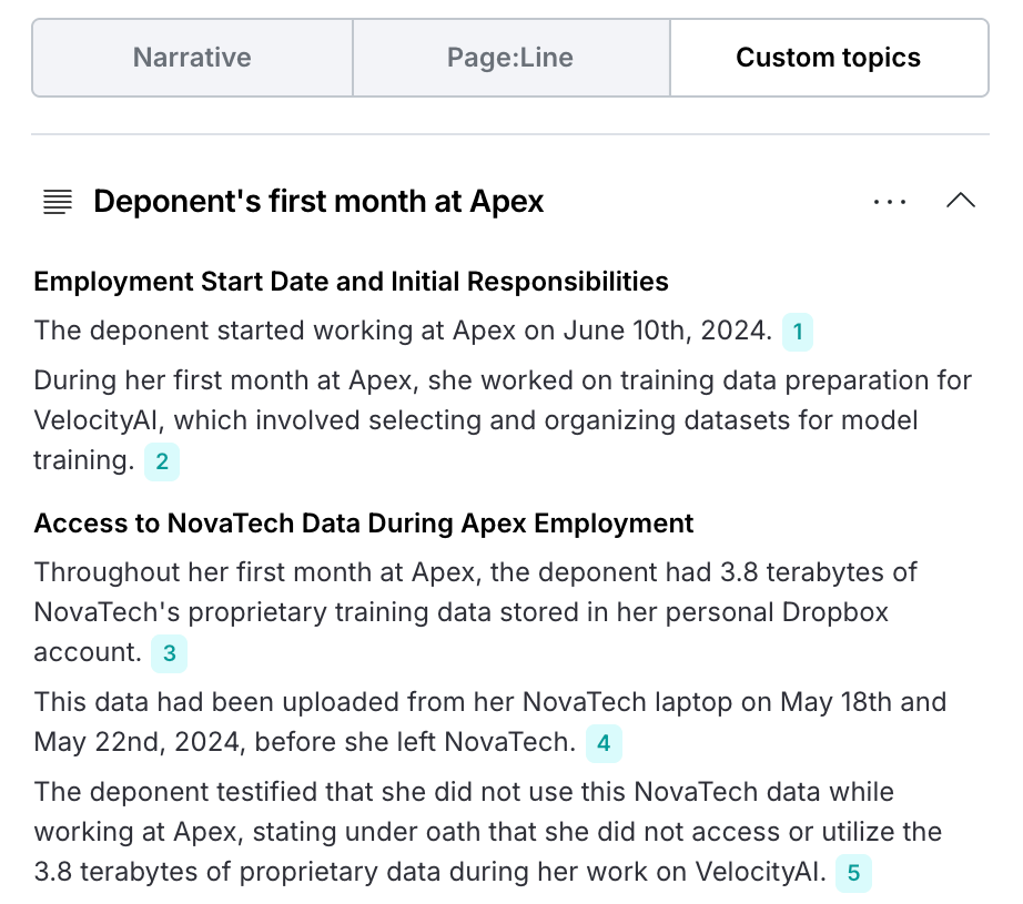 Custom summary for deponent's first month at Apex is displayed