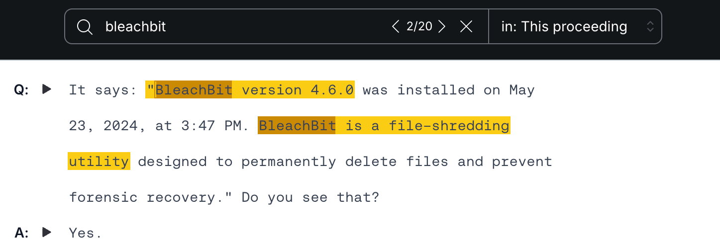 User searched for the term BleachBit in the transcript. There are 20 results.