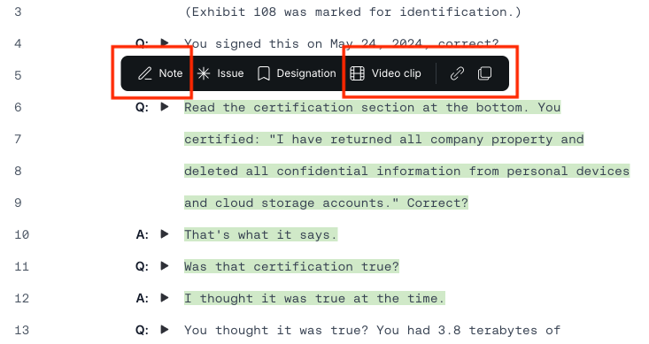 Toolbar: Note, Video clip, Link, or Copy text