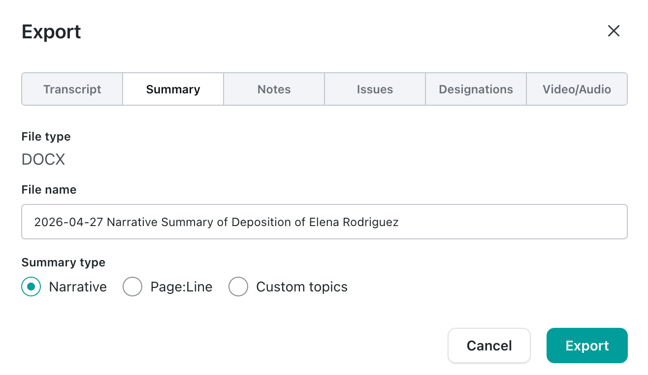Export modal: Summary tab