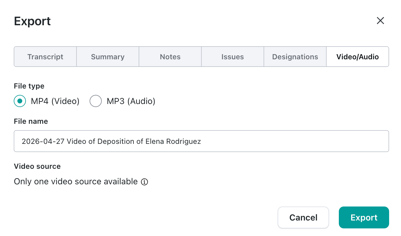 Export modal: Video/Audio tab