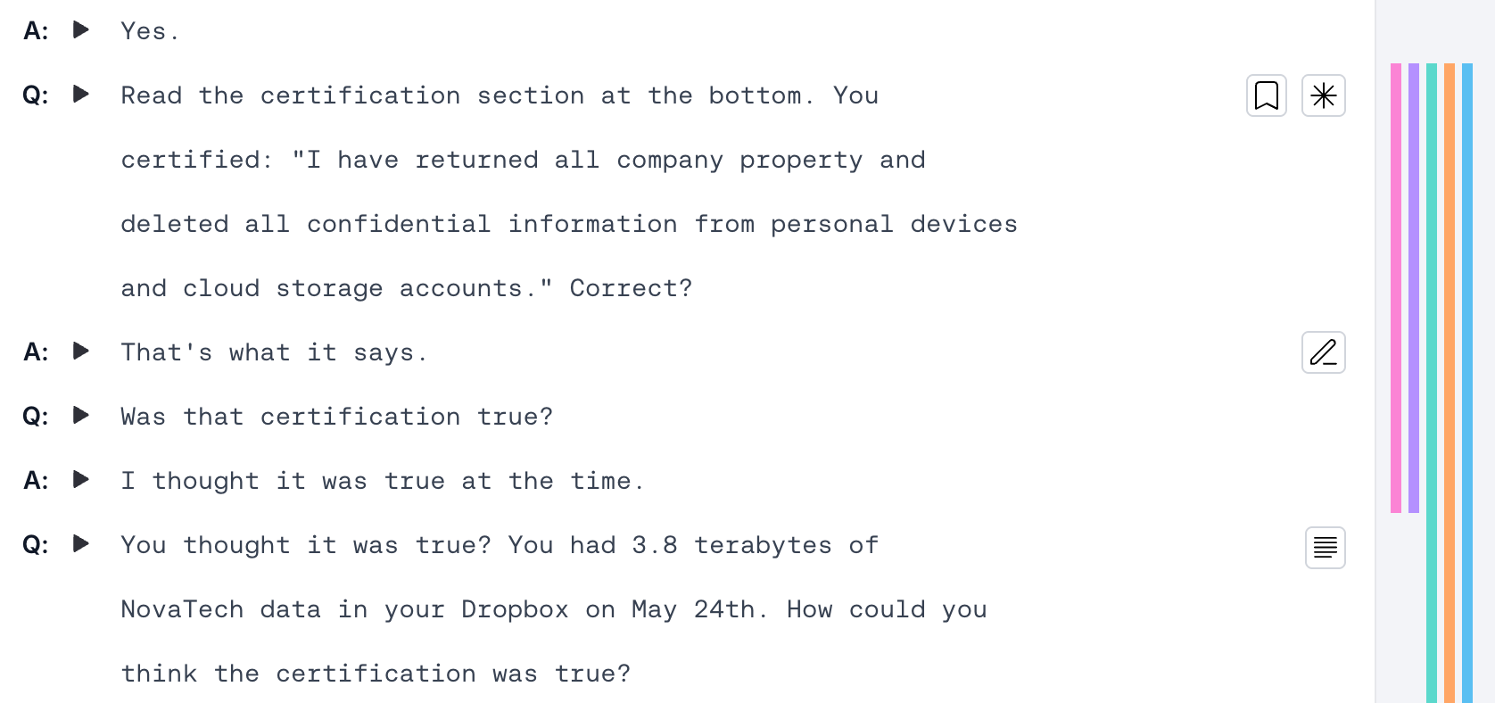 Utterances with annotation icons and color-coded vertical bars along the righthand side