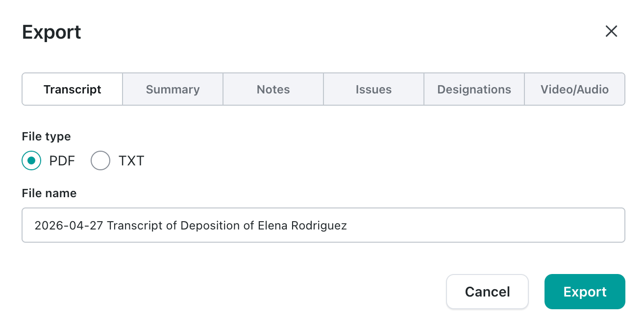 Export modal: Transcript tab