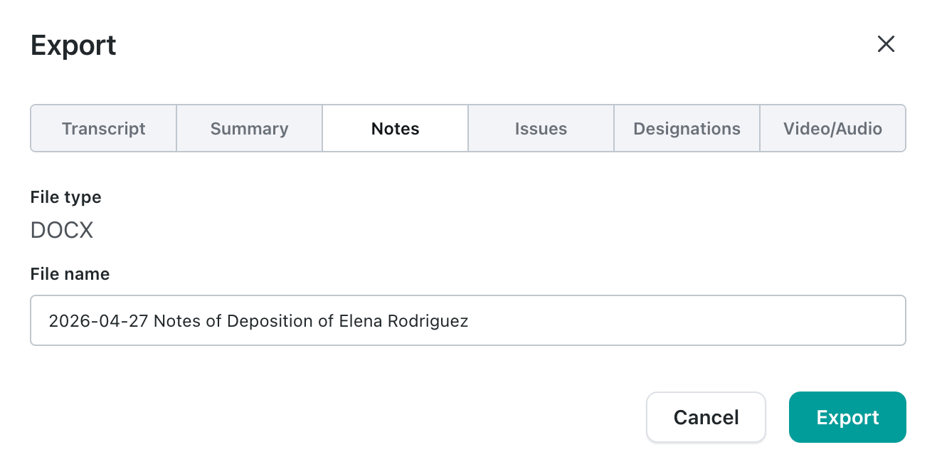 Export modal: Notes tab