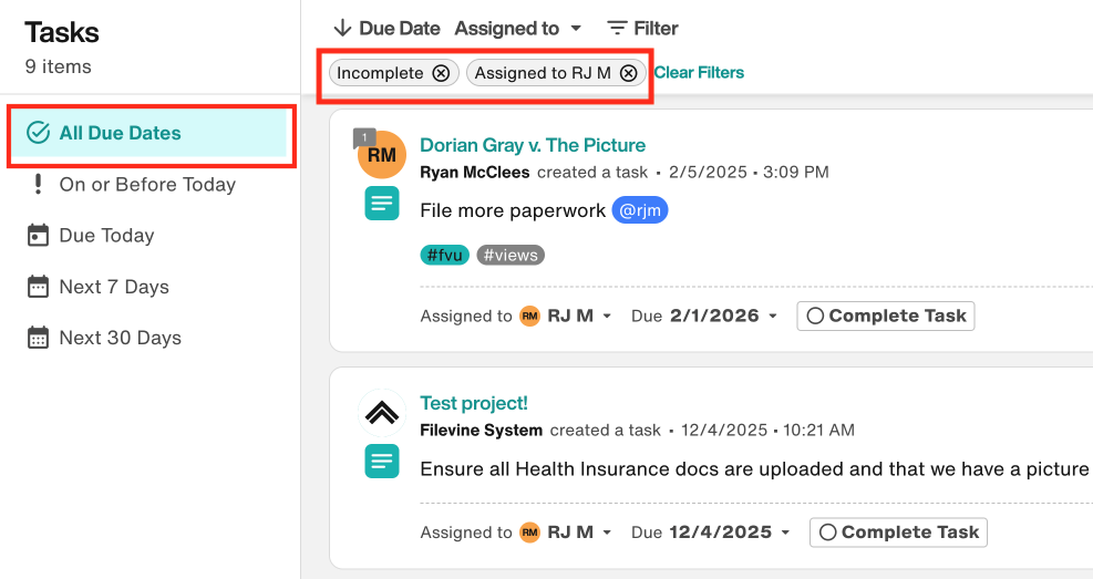 Task page displaying all incomplete tasks, all due dates, assigned to a specific user