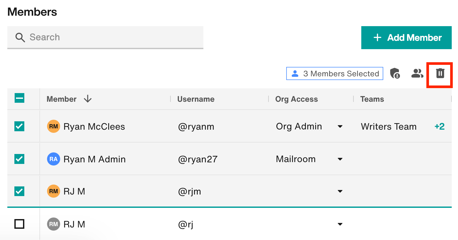 Select each member's checkbox and click the trashcan icon