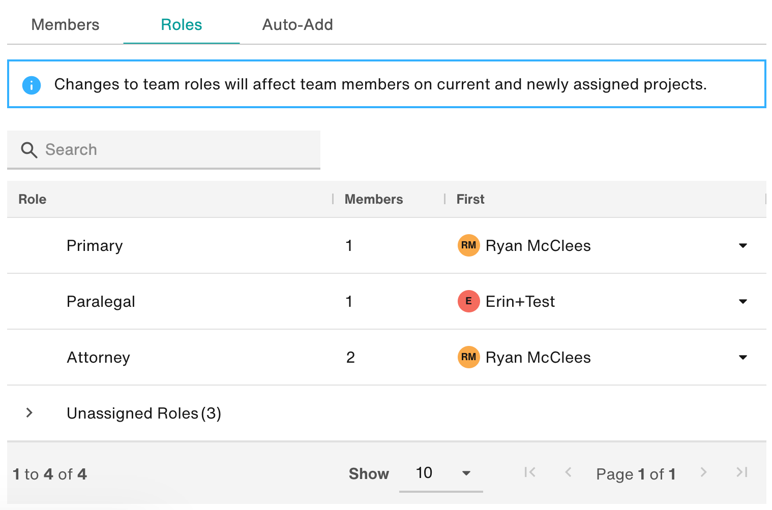 Roles tab of team page