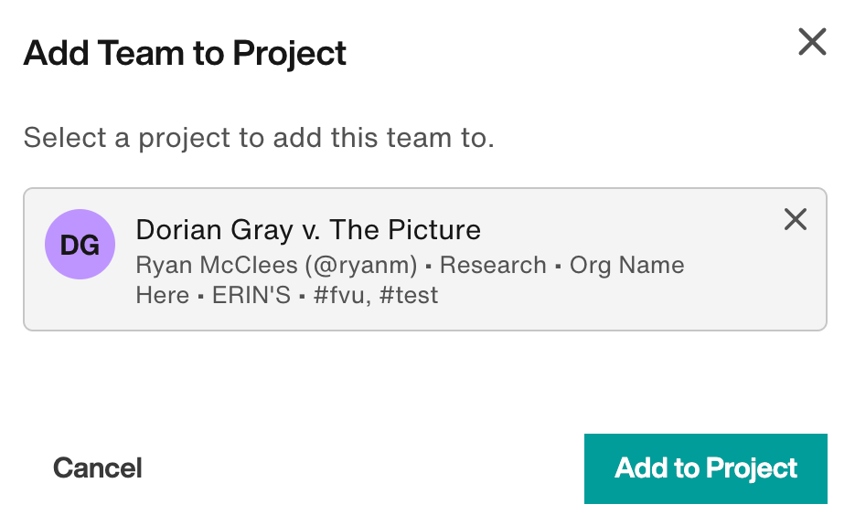 Add Team to Project flyout