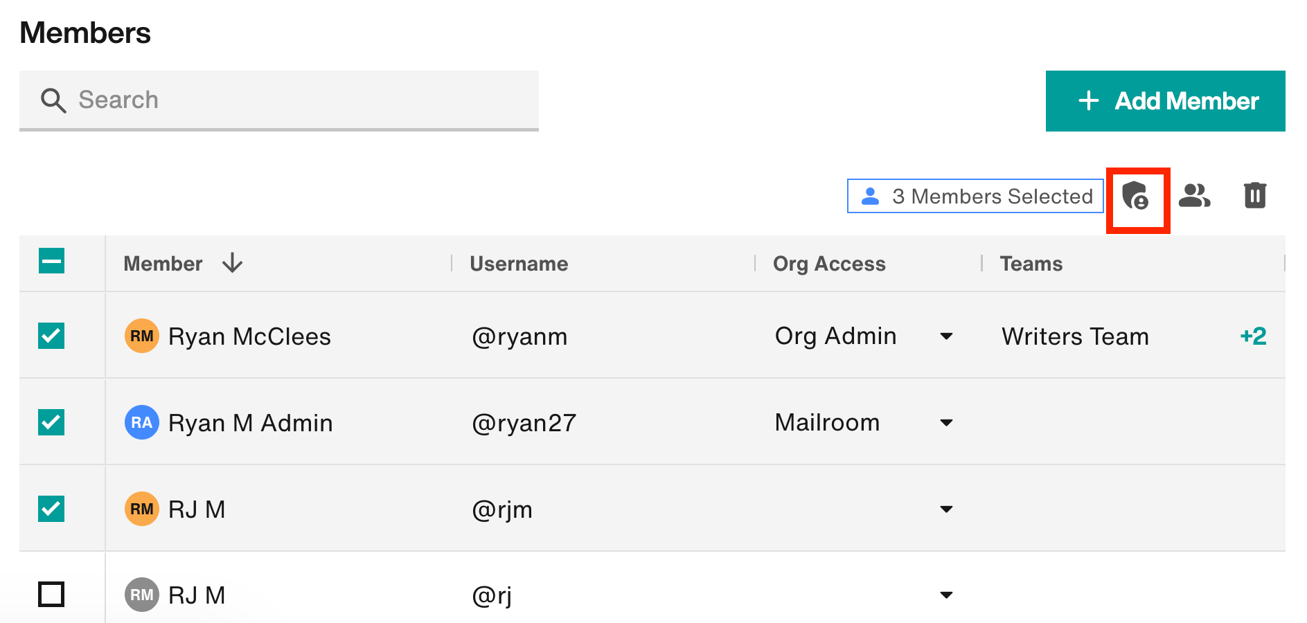 Select each member's checkbox and click the badge icon
