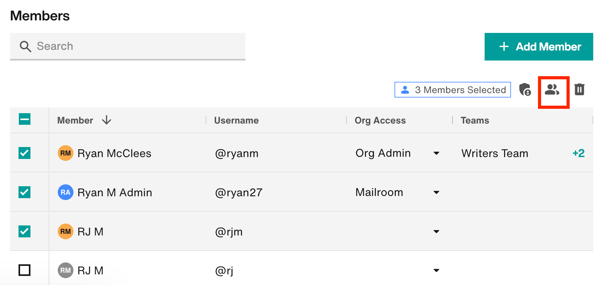 Select each member's checkbox and click the people icon