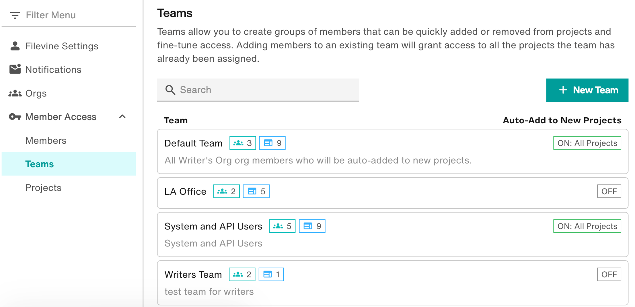 Teams subsection