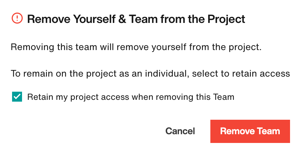 Remove Yourself and Team from the Project modal