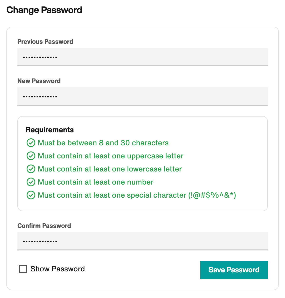 Enter previous password, then enter and confirm new password