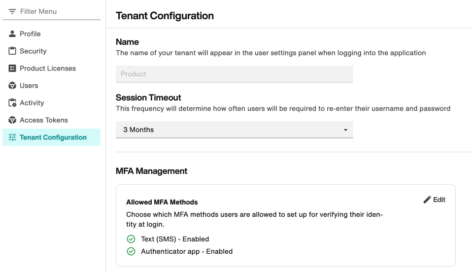Tenant Configuration section