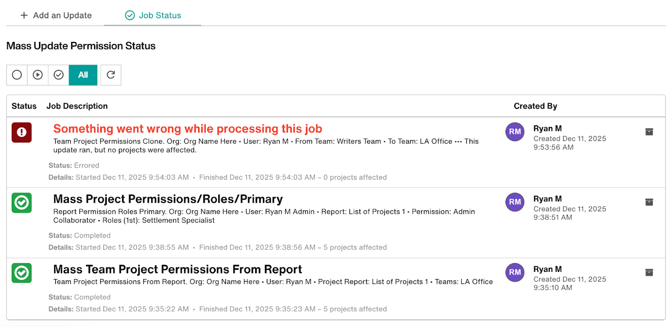 Job Status tab: 2 successful jobs and one error