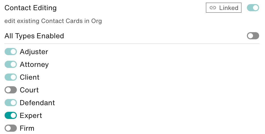 Contact Editing: ON. All Types Enabled: OFF. Four contact types are enabled.