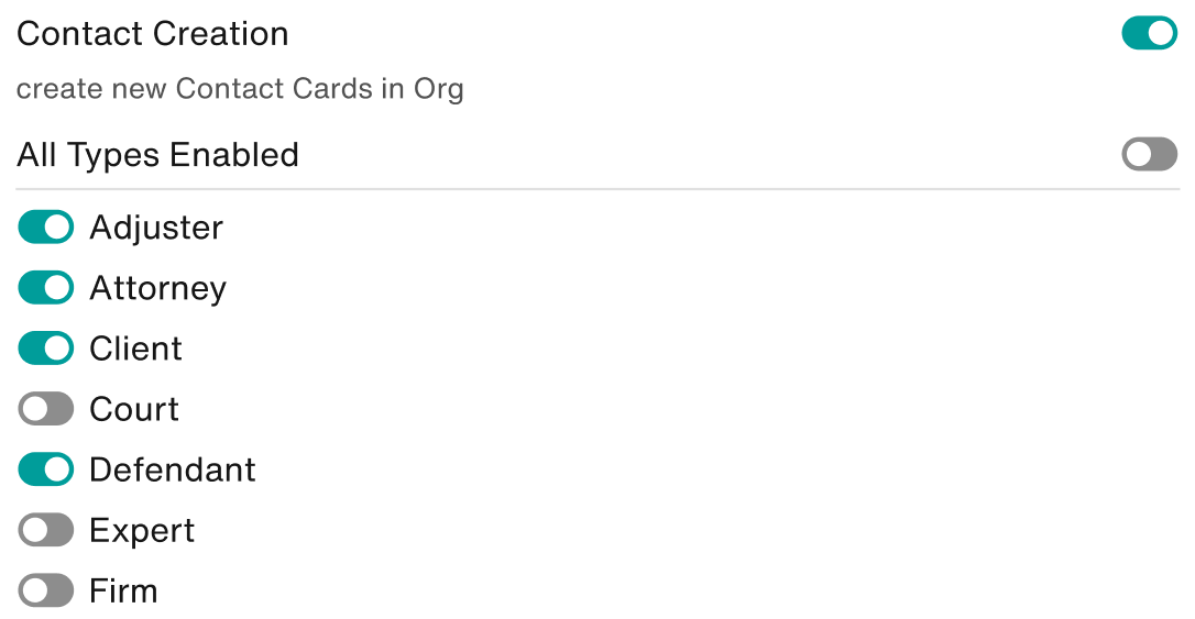 Contact Creation: ON. All Types Enabled: OFF. Four contact types are enabled.
