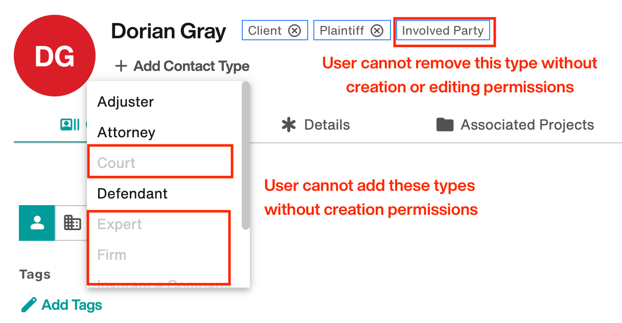 Illustration: User cannot add contact types they cannot create, and cannot remove contact types they cannot edit.