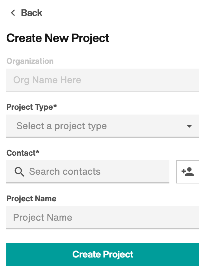 Create New Project screen