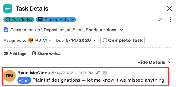 Comment above is displayed as the message text for a task item in the project