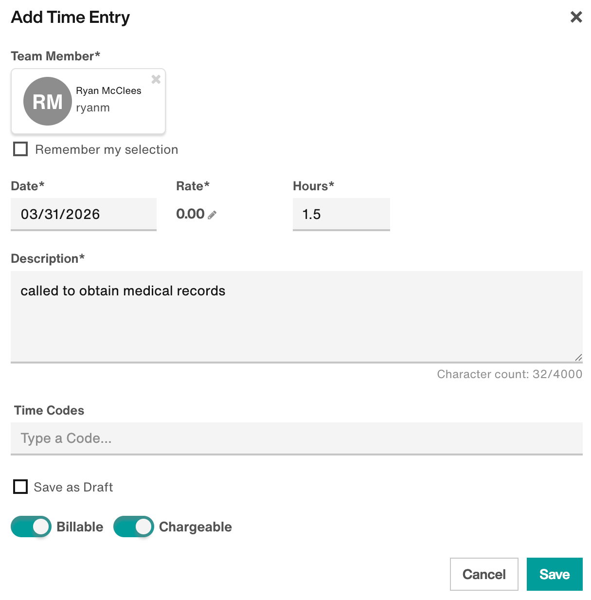 Add Time Entry modal