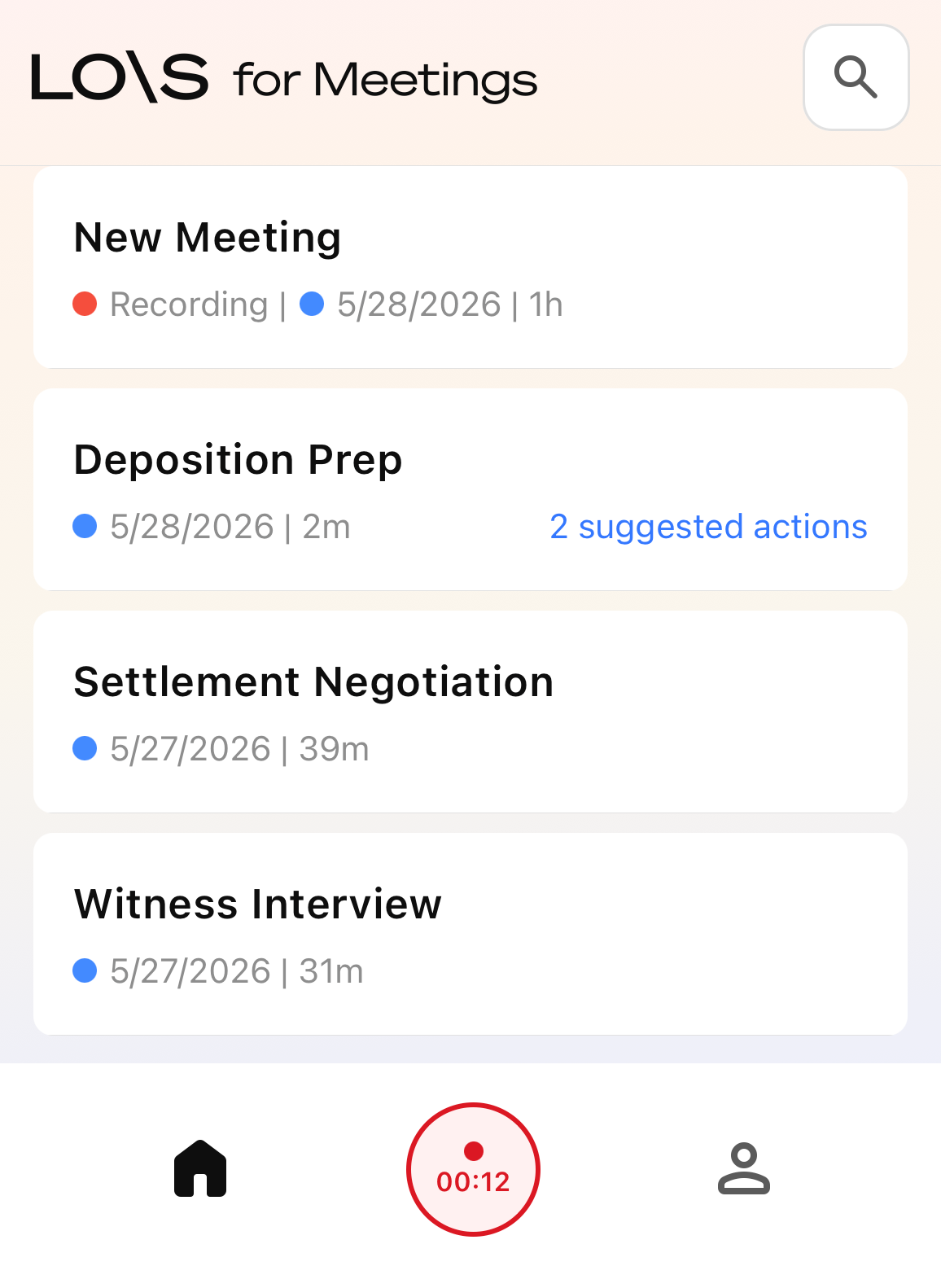 LOIS for Meetings app: Home tab