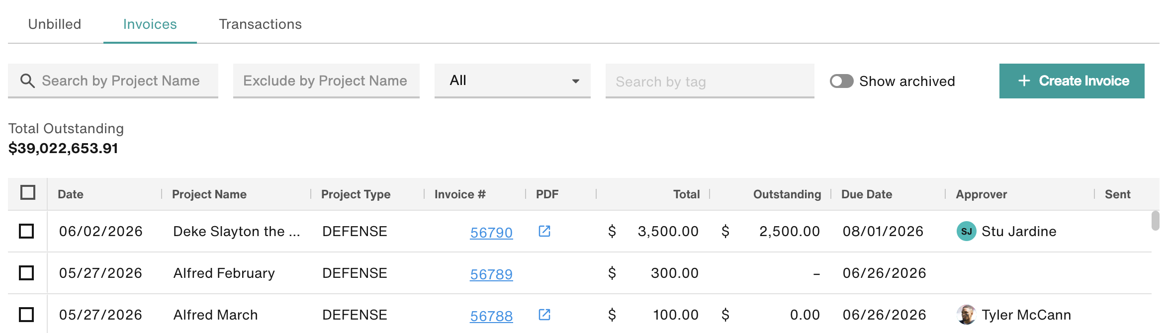 Invoices tab