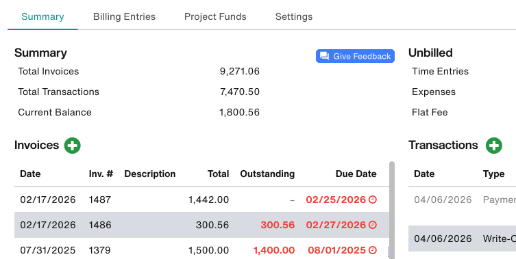 Project Billing section: Summary tab