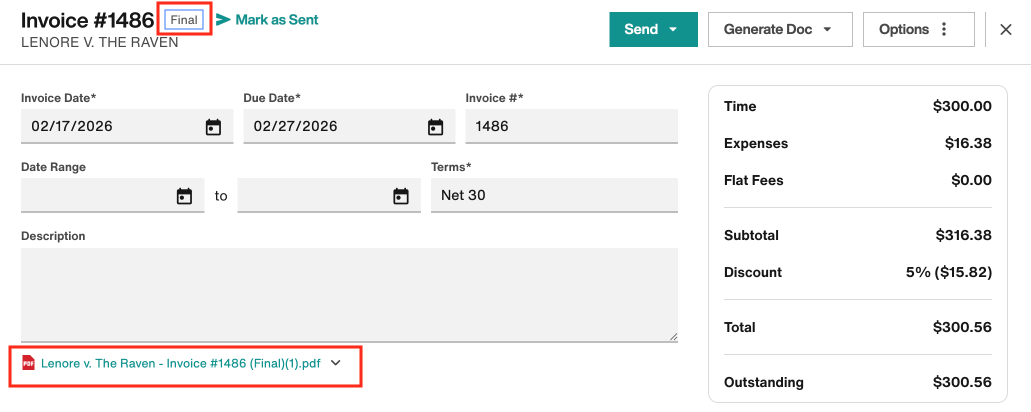 Invoice is in Final status and has automatically generated the invoice PDF