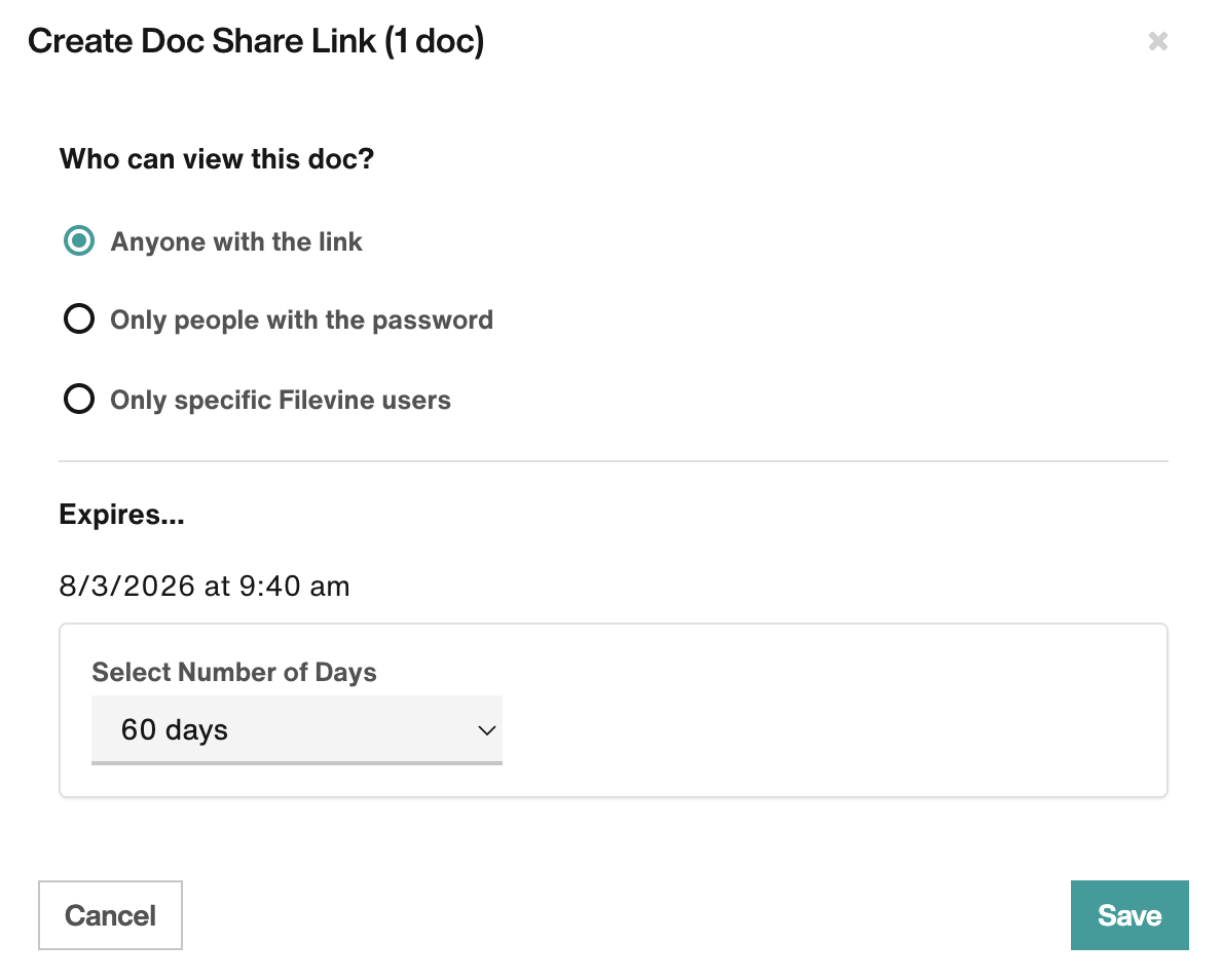 Create Doc Share Link modal
