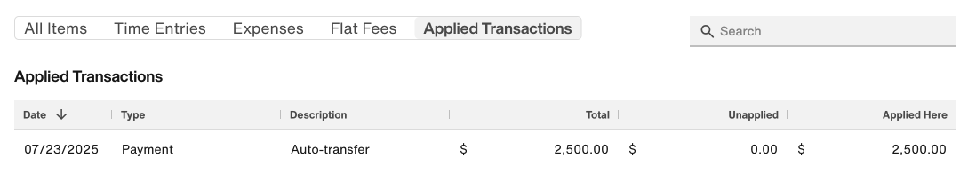 Line Items section: Applied Transactions