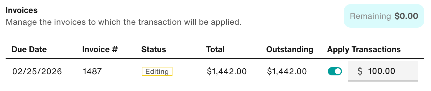 Invoices section - Apply Transactions