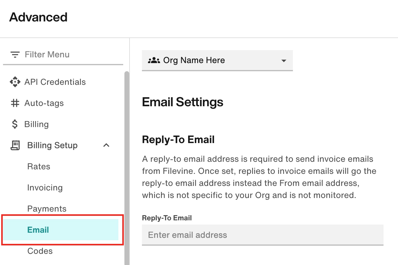 Email subsection of Billing Setup
