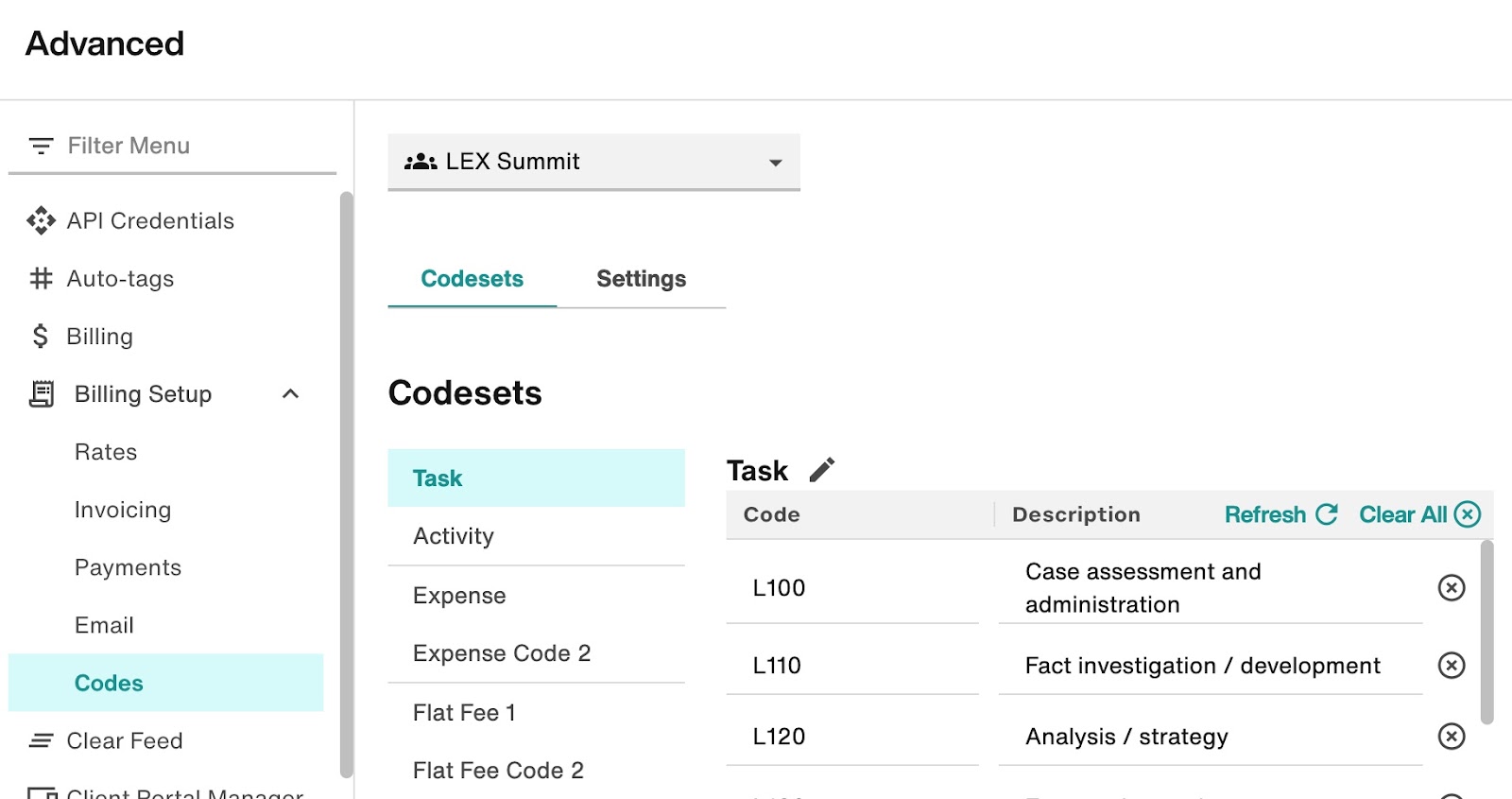 Billing Codesets