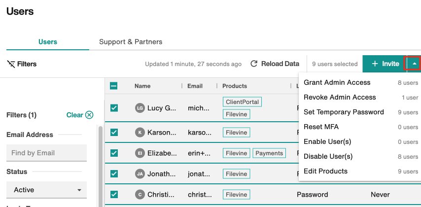 Caret dropdown menu: bulk actions are listed