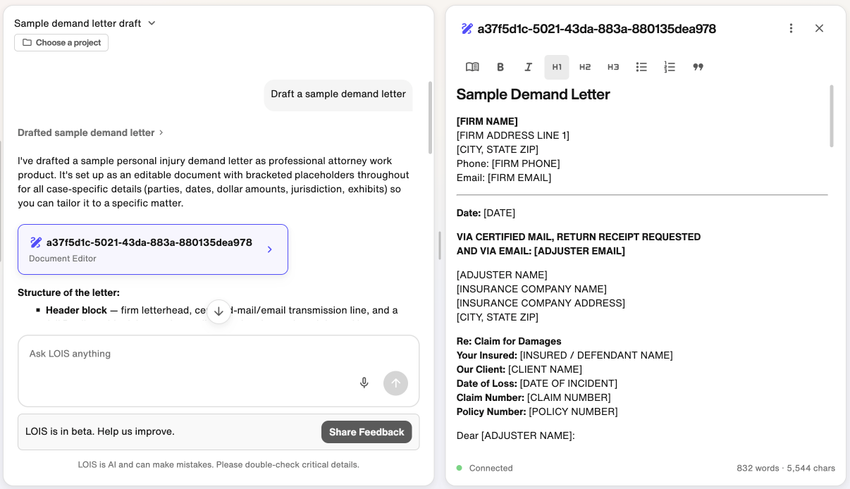 Draft a demand letter using the document editor in the LOIS Console