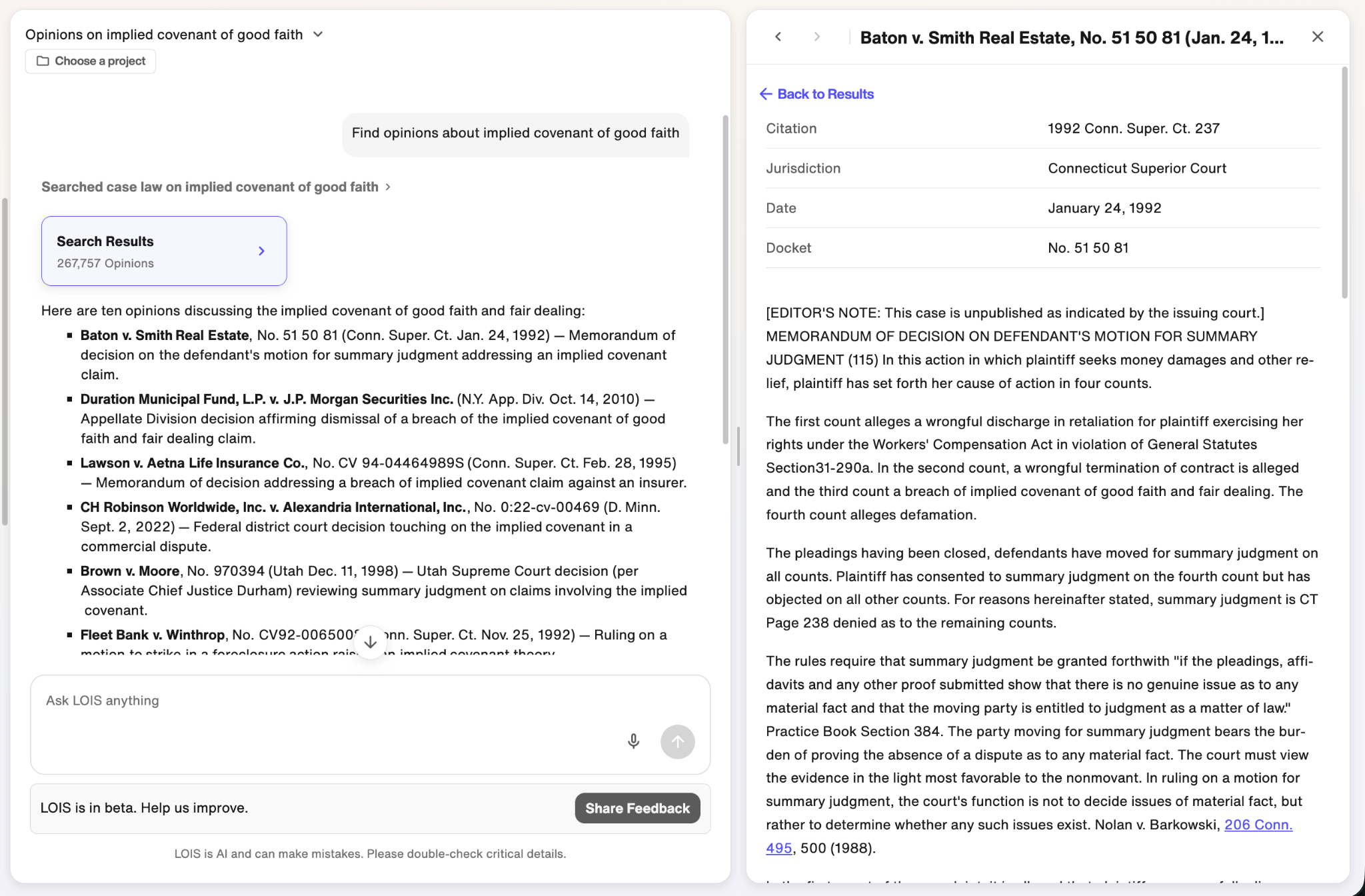 Research case law and view opinions in the side panel