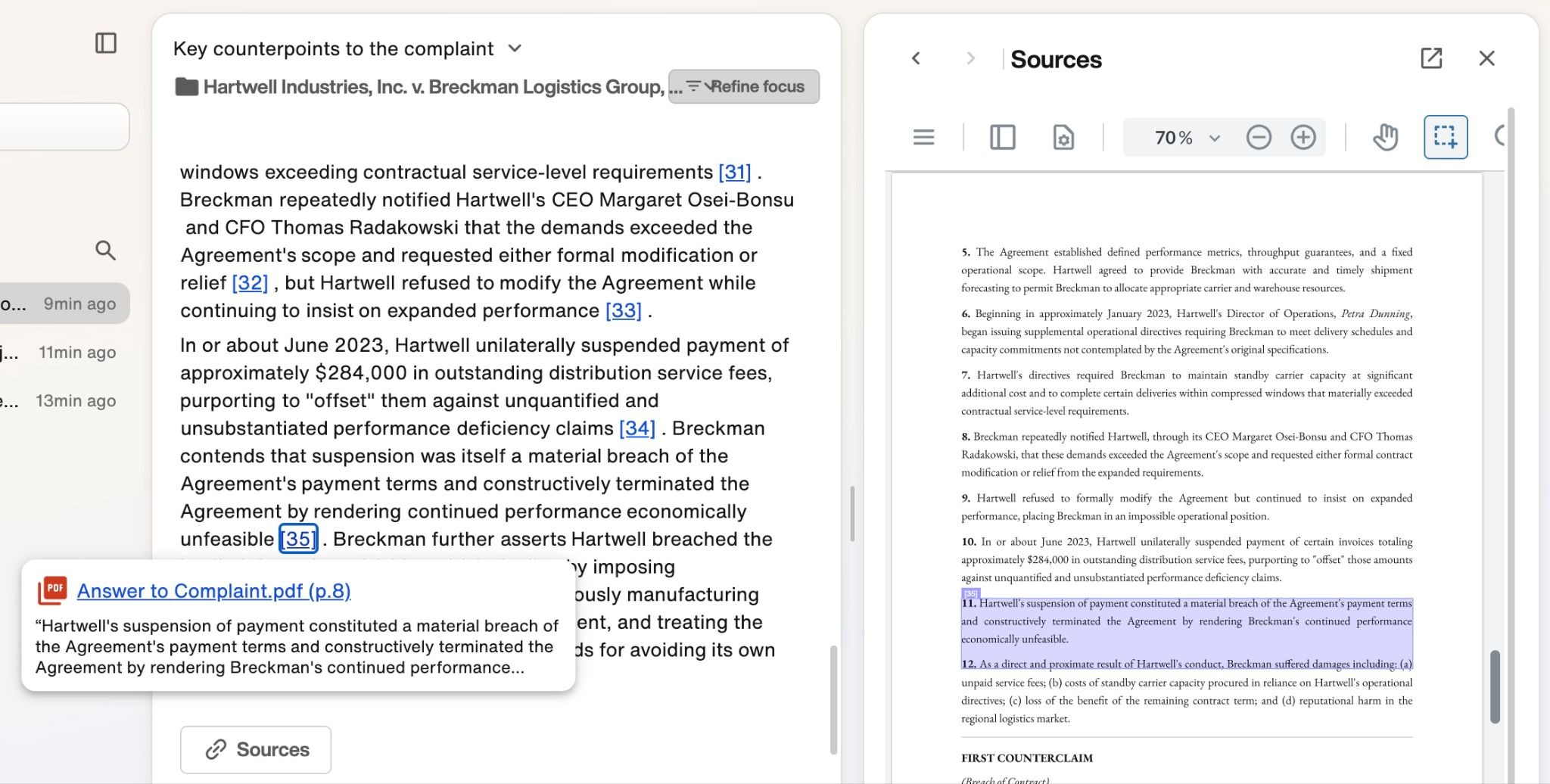 Inline citation with referenced text highlighted in the source document