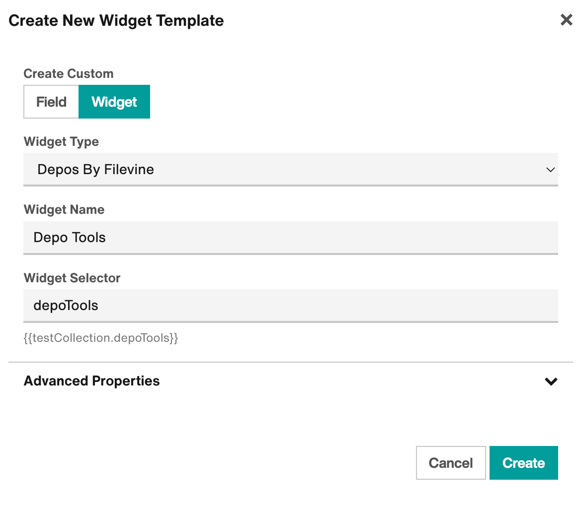 Create New Widget Template modal