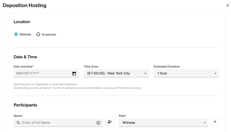Depos by Filevine widget: Schedule Hosted Deposition